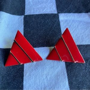Vintage 80s red and gold triangle earrings, striped metal enamel